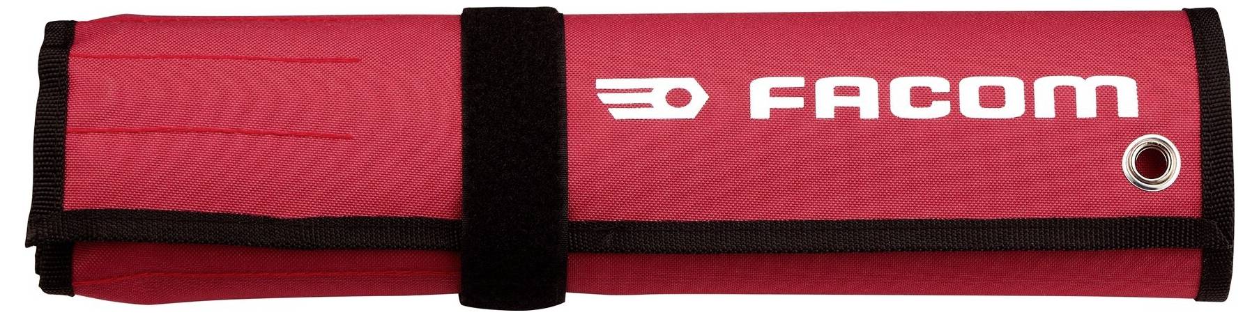 En röd verktygspåse med "FACOM"-logotyp, säkrad med ett svart band och ett öga, designad för att organisera verktyg.