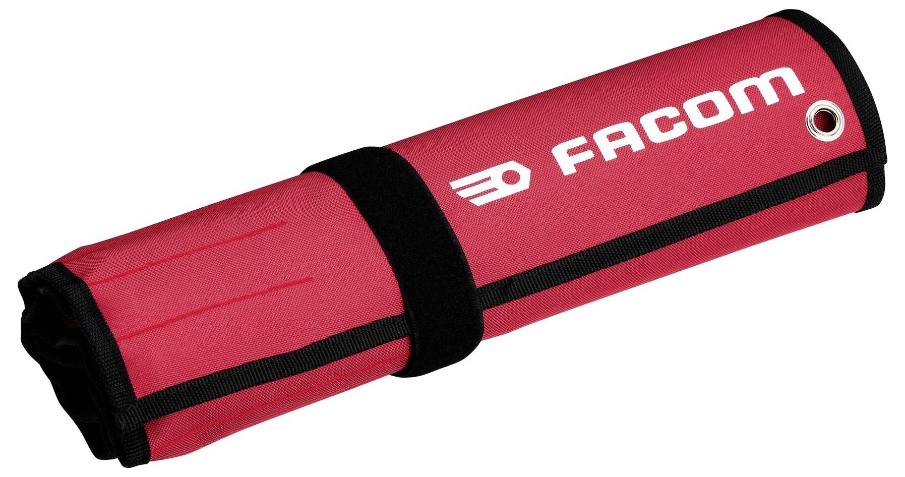 Rött verktygskit med "FACOM"-logotyp. Rullet och säkrat med ett svart spänne. Utformat för att organisera och transportera verktyg.
