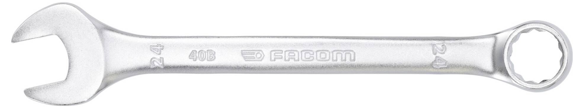 En metallskiftnyckel med öppen ände och ringände, graverad med "FACOM" och "411B", använd för att skruva åt eller lossa muttrar och bultar.