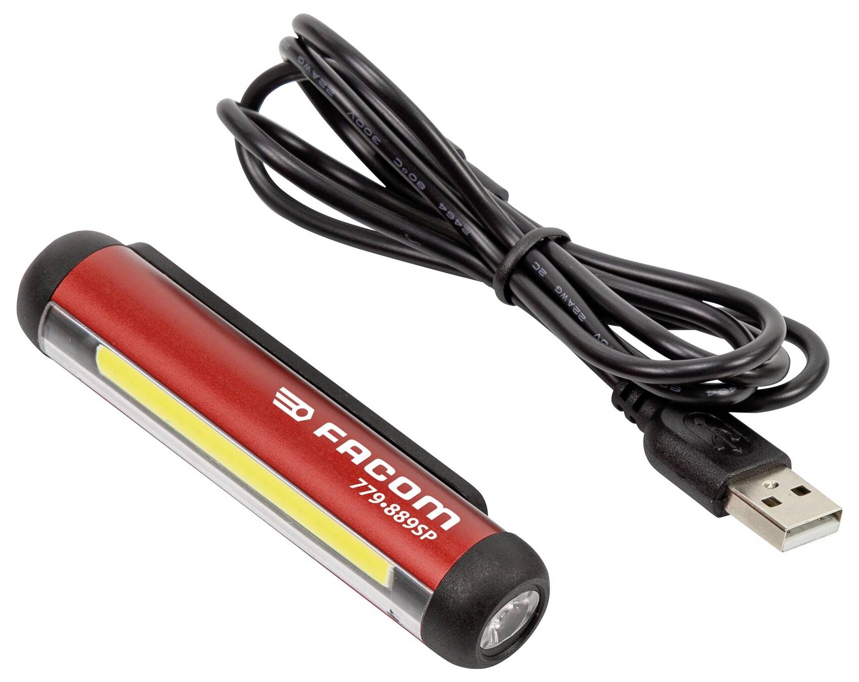 En röd och svart FACOM LED arbetslampa med modellnummer "779.SP5", visad tillsammans med sin USB-laddningskabel.