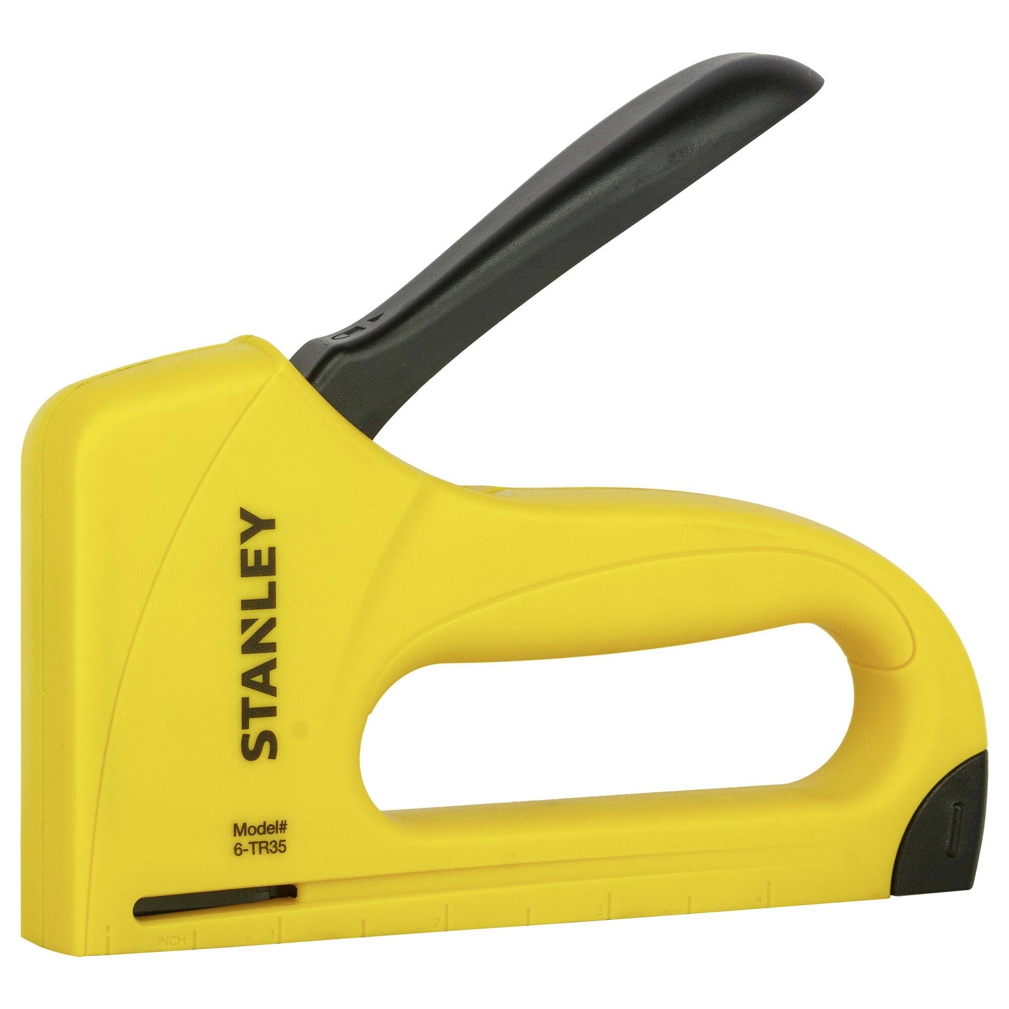 En ljust gul handtacker från Stanley, modell 6-TR35, med svart handtag, används för att fästa material med häftklammor.