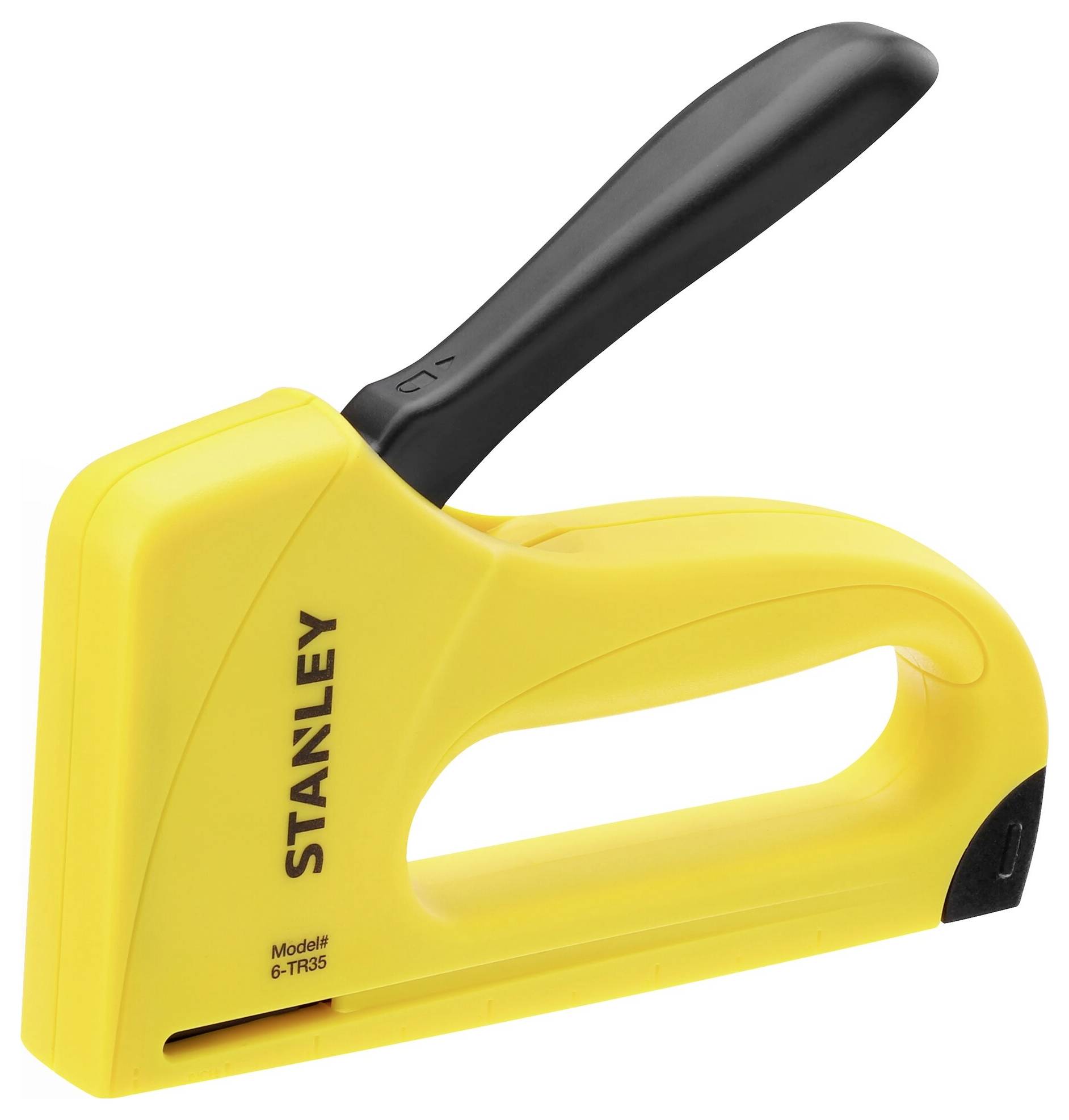 En gul Stanley häftpistol, modell TR35, med svart handtag, lämplig för hemförbättringar och lätta reparationer.