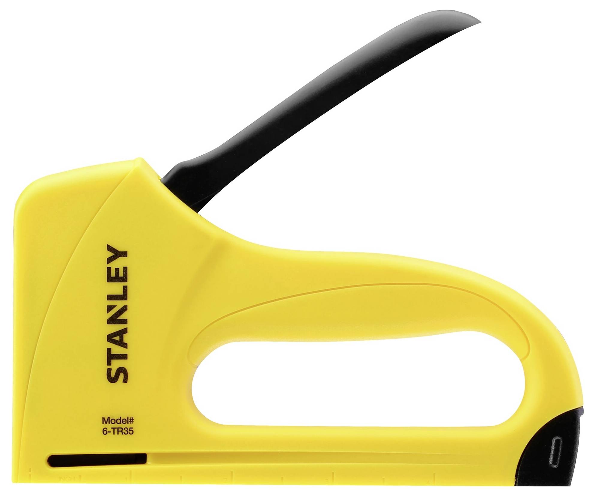 En gul Stanley-modell 6-TR35-häftapparat med ett svart handtag utformad för möbelstoppning och hantverksprojekt.