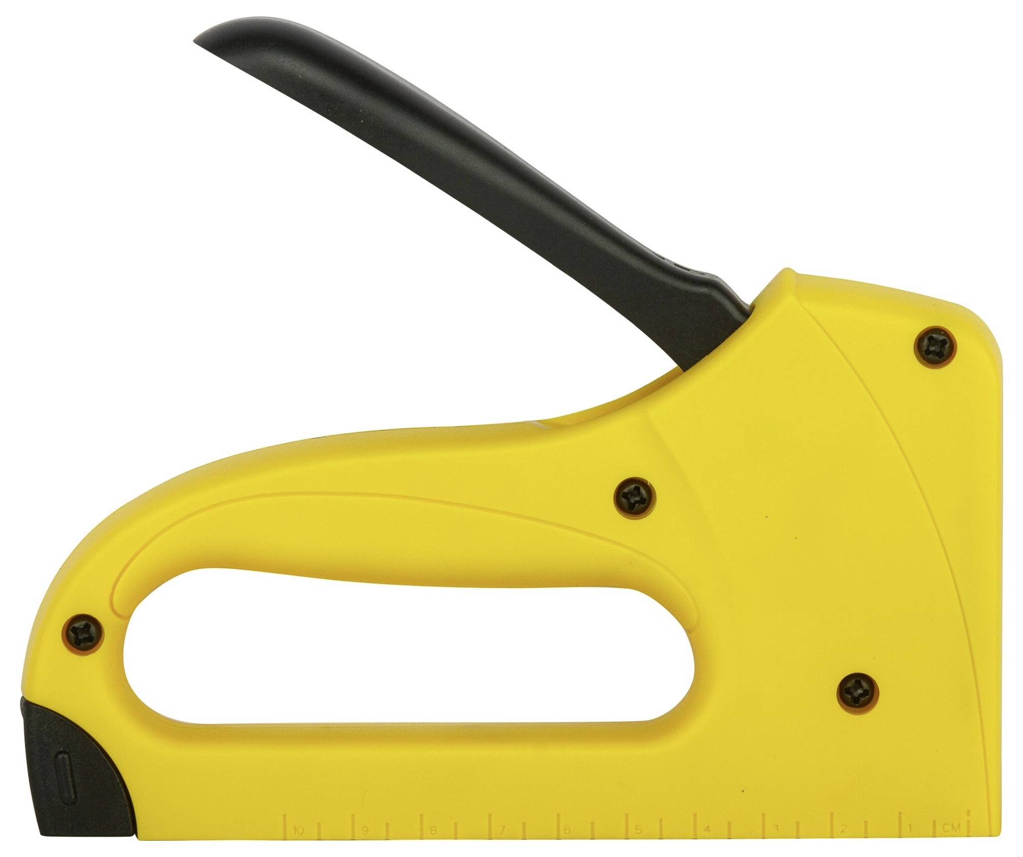 En gul häftpistol med svart handtag, använd för att fästa material tillsammans.