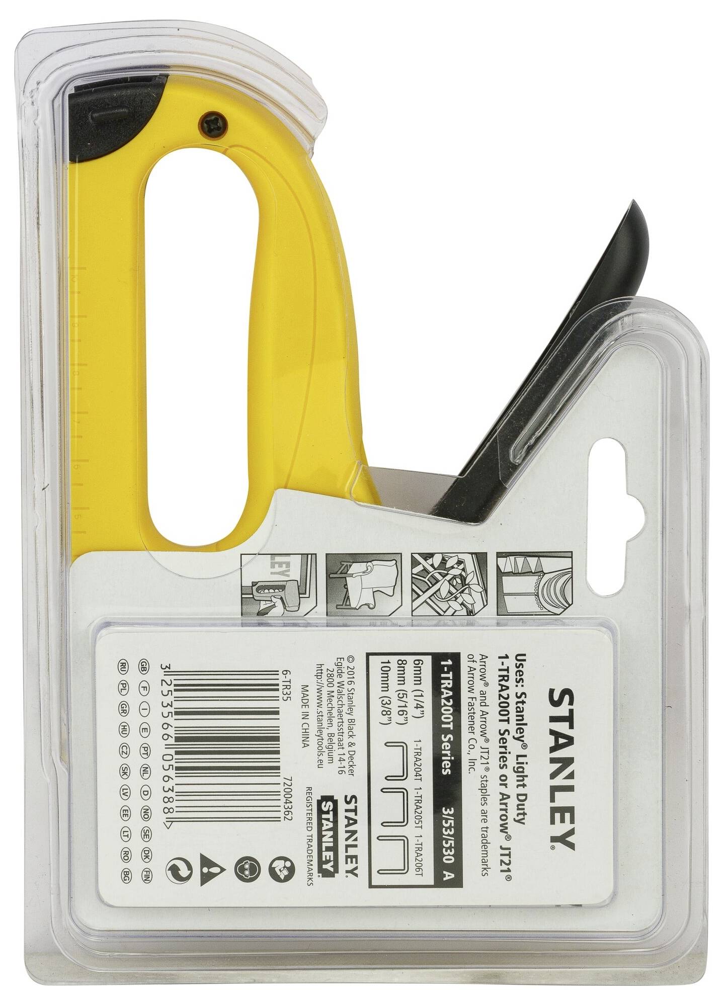 "Stanley Heavy Duty Arbetsklammer" i transparent förpackning. Pistolen är gul med svart grepp, visad tillsammans med produktetikett och varningstext.