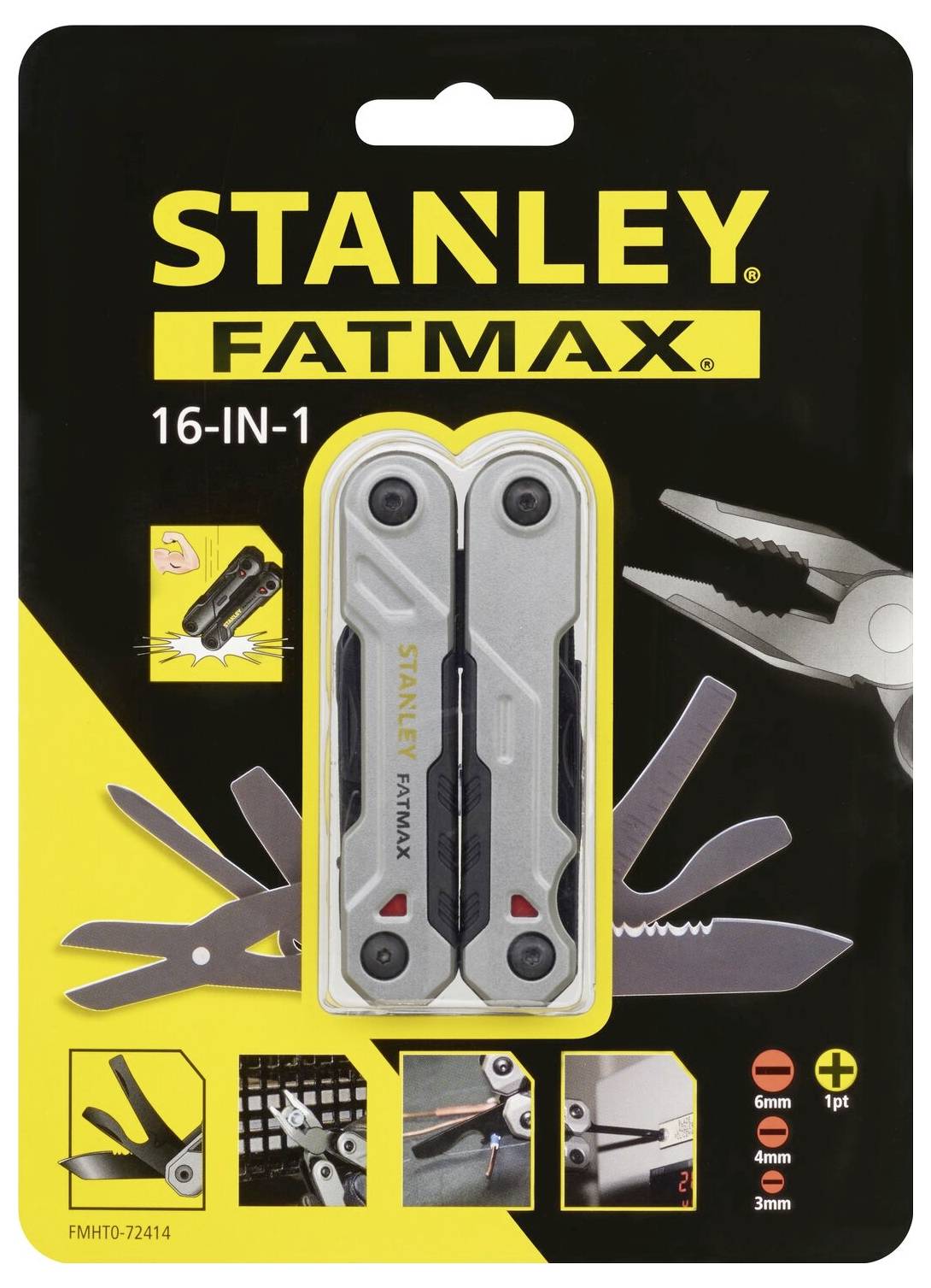 'Stanley Fatmax 16-i-1 multitool' förpackning som visar tänger, knivar, skruvmejslar och andra verktyg; innehåller specifikationer för föremålens storlek.
