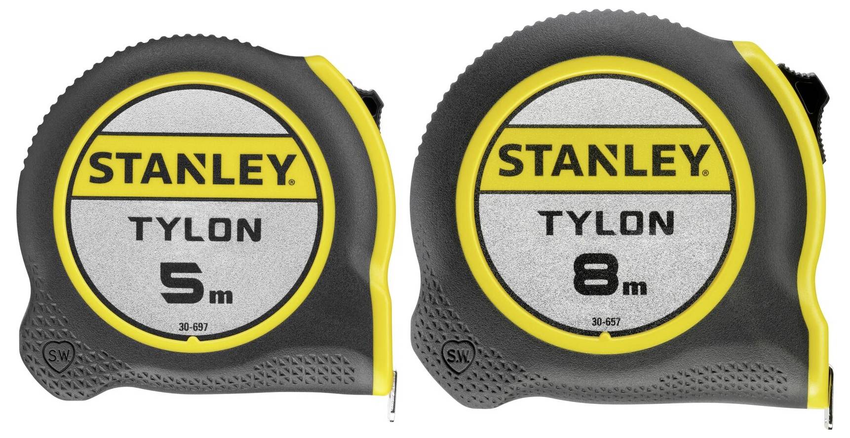 Två Stanley Tylon måttband; det ena är 5 meter, det andra 8 meter. Båda har ett svart och gult hölje med ett strukturerat grepp.