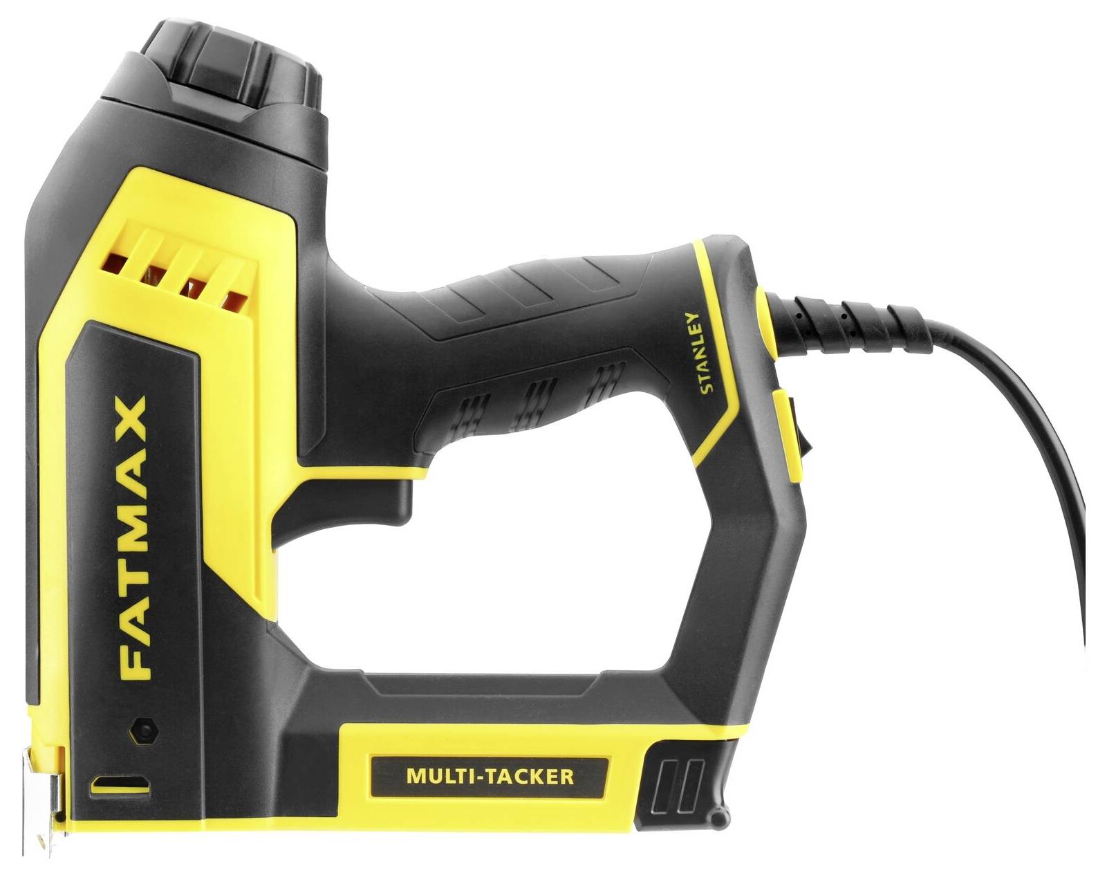 Gul och svart handhållen elstapler märkt "FATMAX MULTI-TACKER" utformad för tunga fästningsuppgifter.