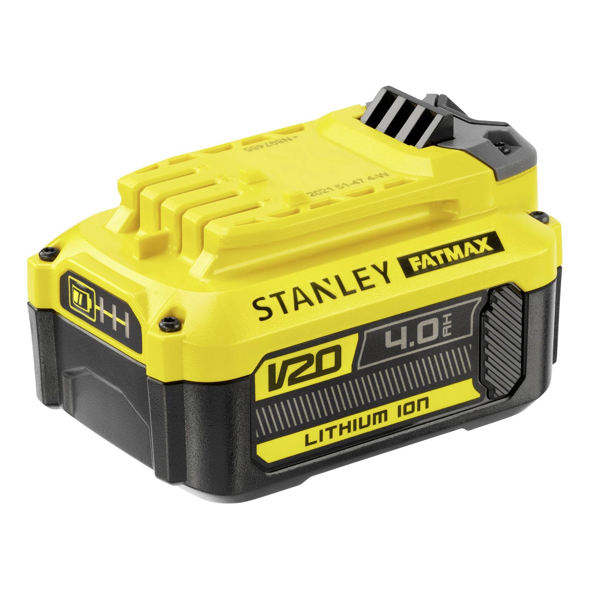 Ett gult och svart Stanley Fatmax V20 litiumjonbatteri med 4,0Ah kapacitet, designat för elverktyg.