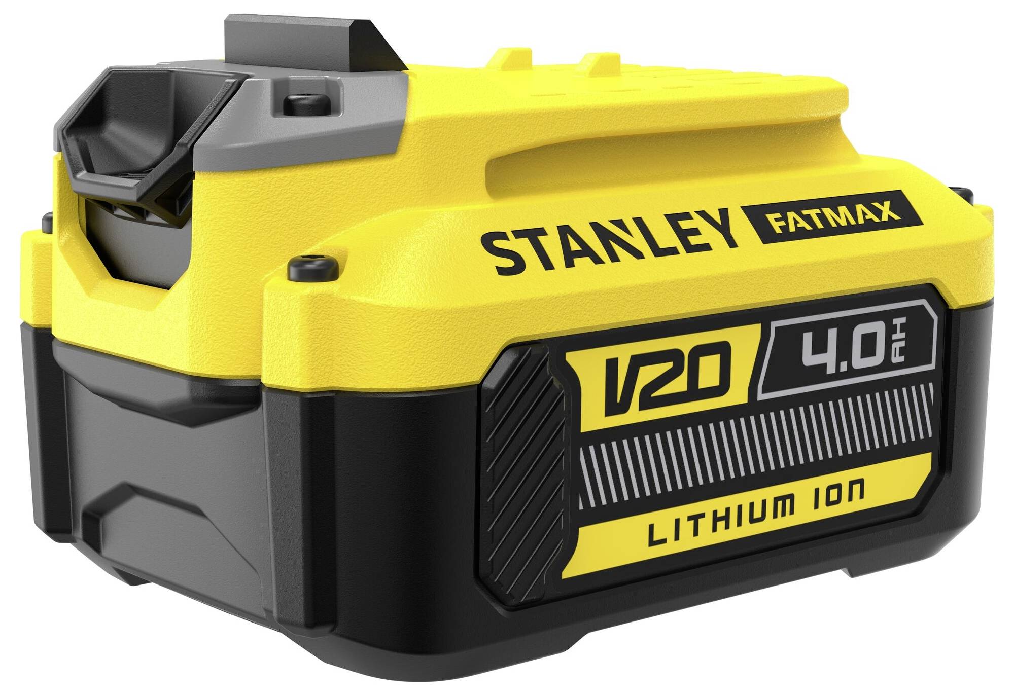 Ett gult och svart Stanley Fatmax V20 litiumjonbatteri med 4,0 Ah kapacitet, utformat med robust design lämplig för elverktyg.