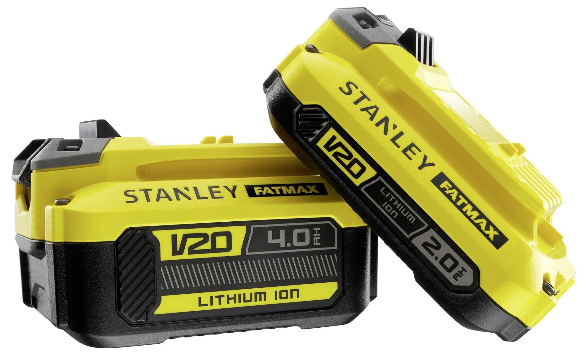 Två gula och svarta Stanley FATMAX V20 litium-jon-batterier, ett märkt "4,0 Ah" och det andra "2,0 Ah", är positionerade tillsammans.