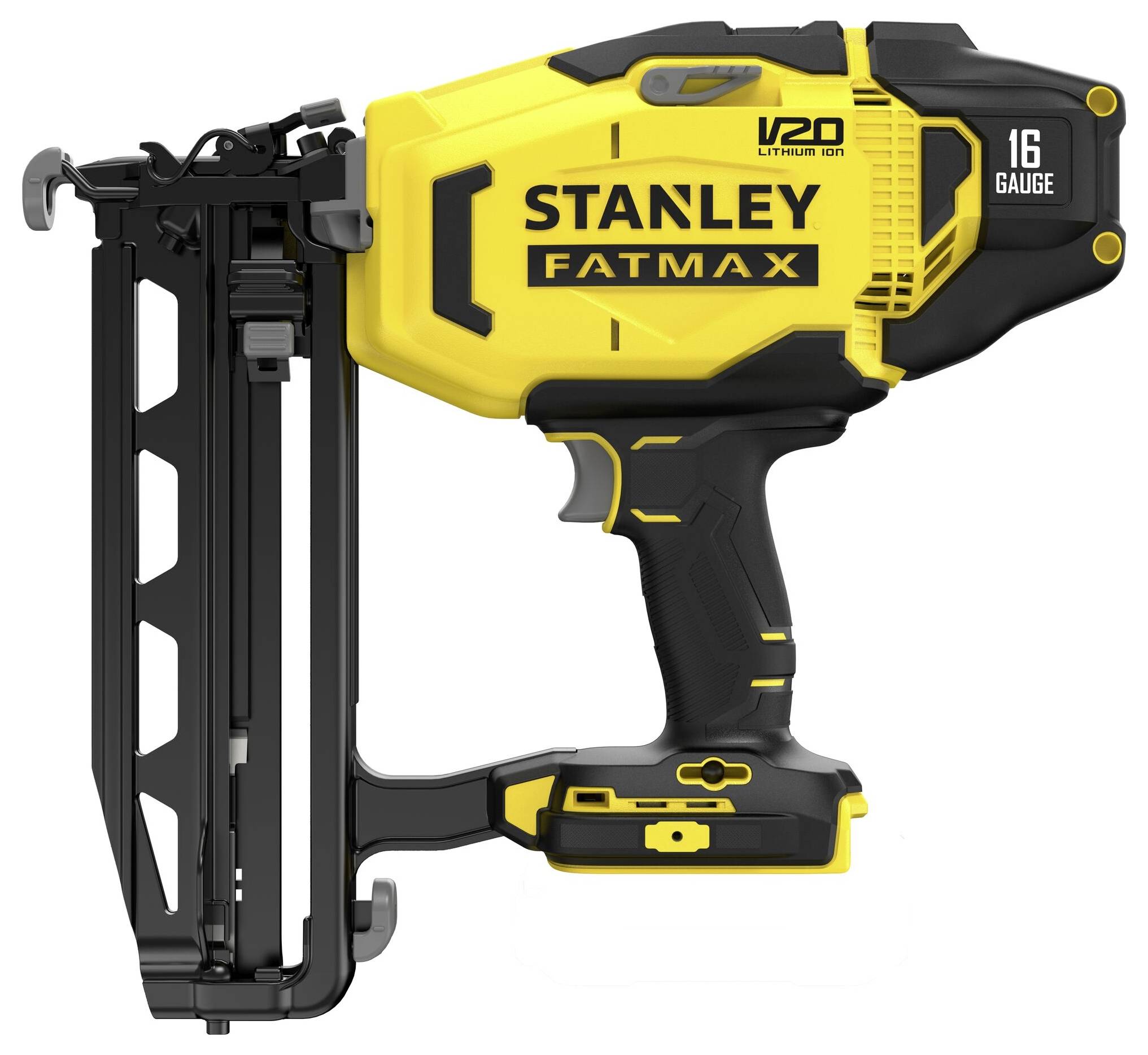 Gul och svart Stanley Fatmax V20 trådlös spikpistol med 16-gauge kapacitet, utformad för konstruktionsbruk.