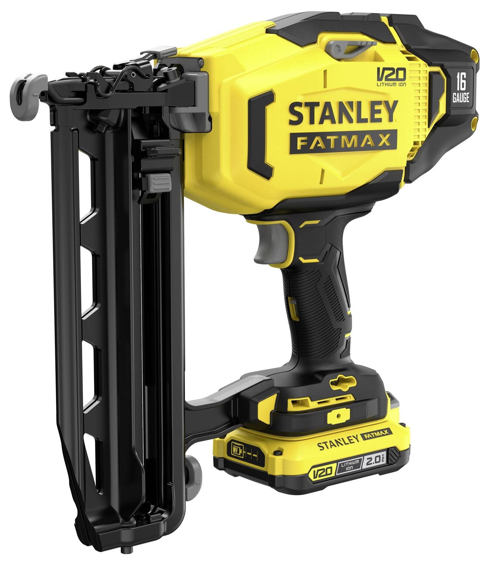 En gul och svart trådlös spikpistol märkt "Stanley Fatmax V20" med en kapacitet på 16 gauge, utformad för konstruktionsuppgifter.