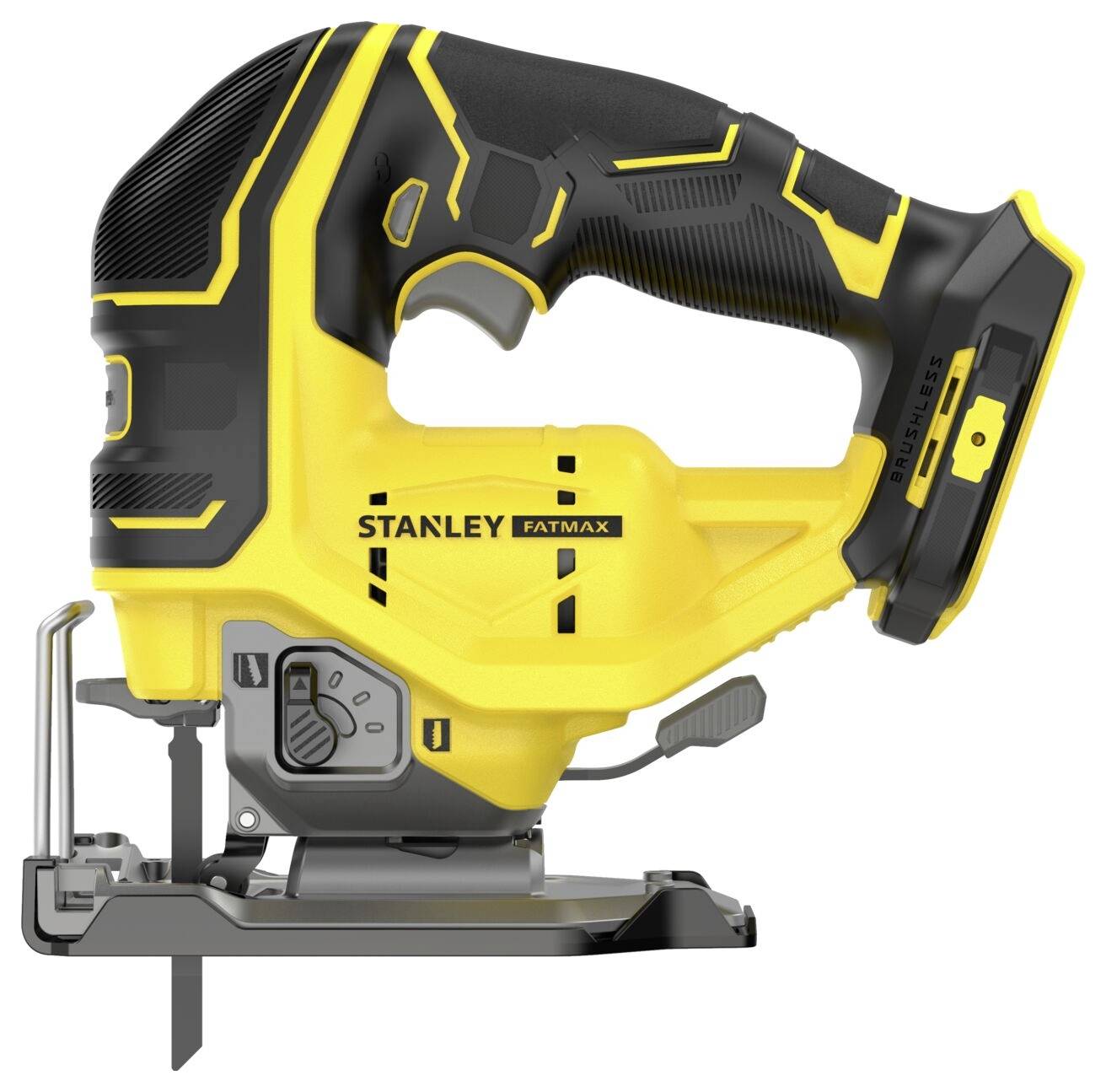 En gul och svart trådlös sticksåg med ergonomiskt handtag och märkt "Stanley Fatmax", visad på en vit bakgrund.