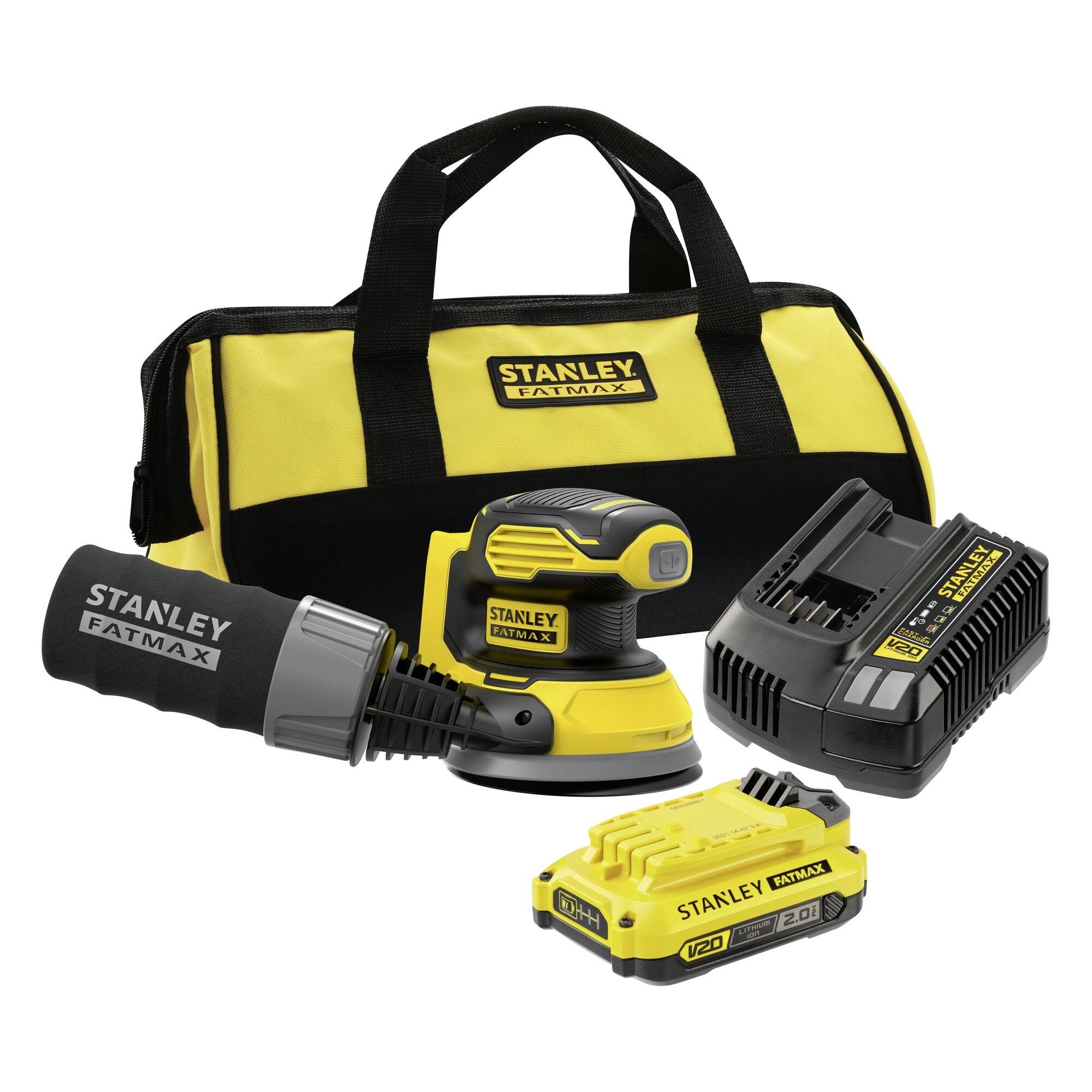 En Stanley FatMax-verktygssats inkluderar en slipar, batteri, laddare och bärväska, alla i svart och gult, placerade på en vit bakgrund.
