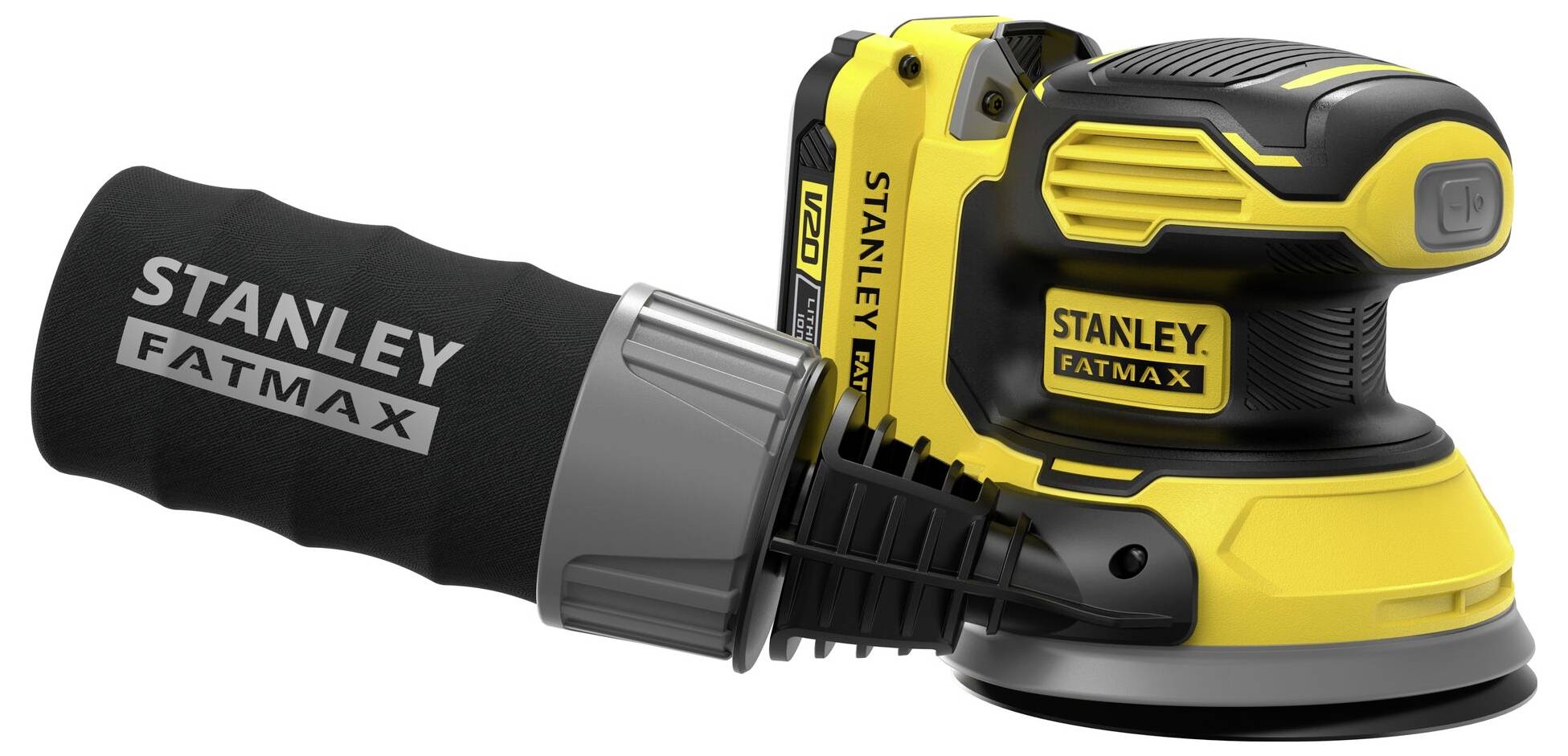 En gul och svart Stanley Fatmax slipmaskin för orbitalslipning med en textlogotyp på dammsäcken, utformad för att slipa ytor effektivt.