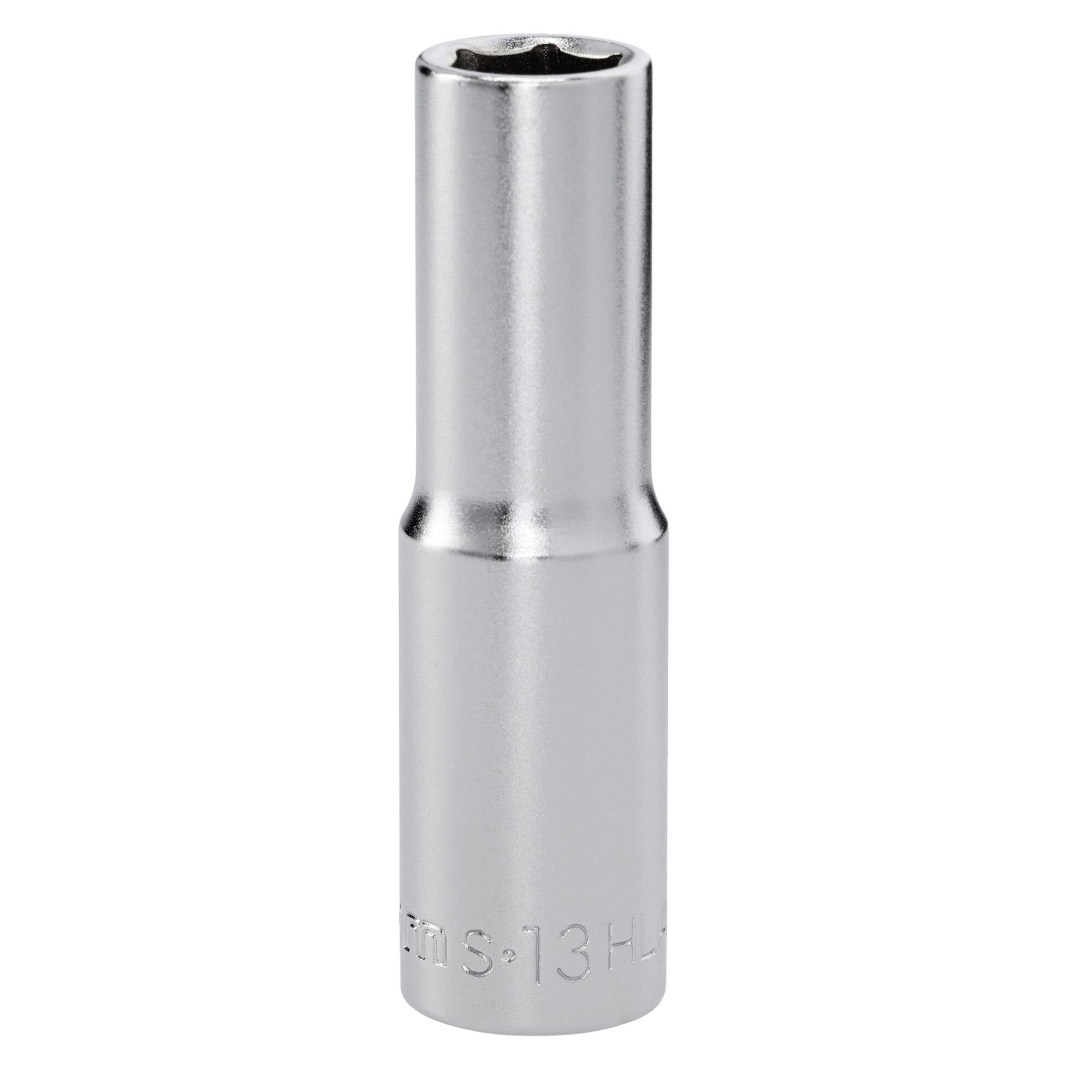 En glansig silvermetallisk skruvnyckelspärr med cylindrisk form, märkt med "13".