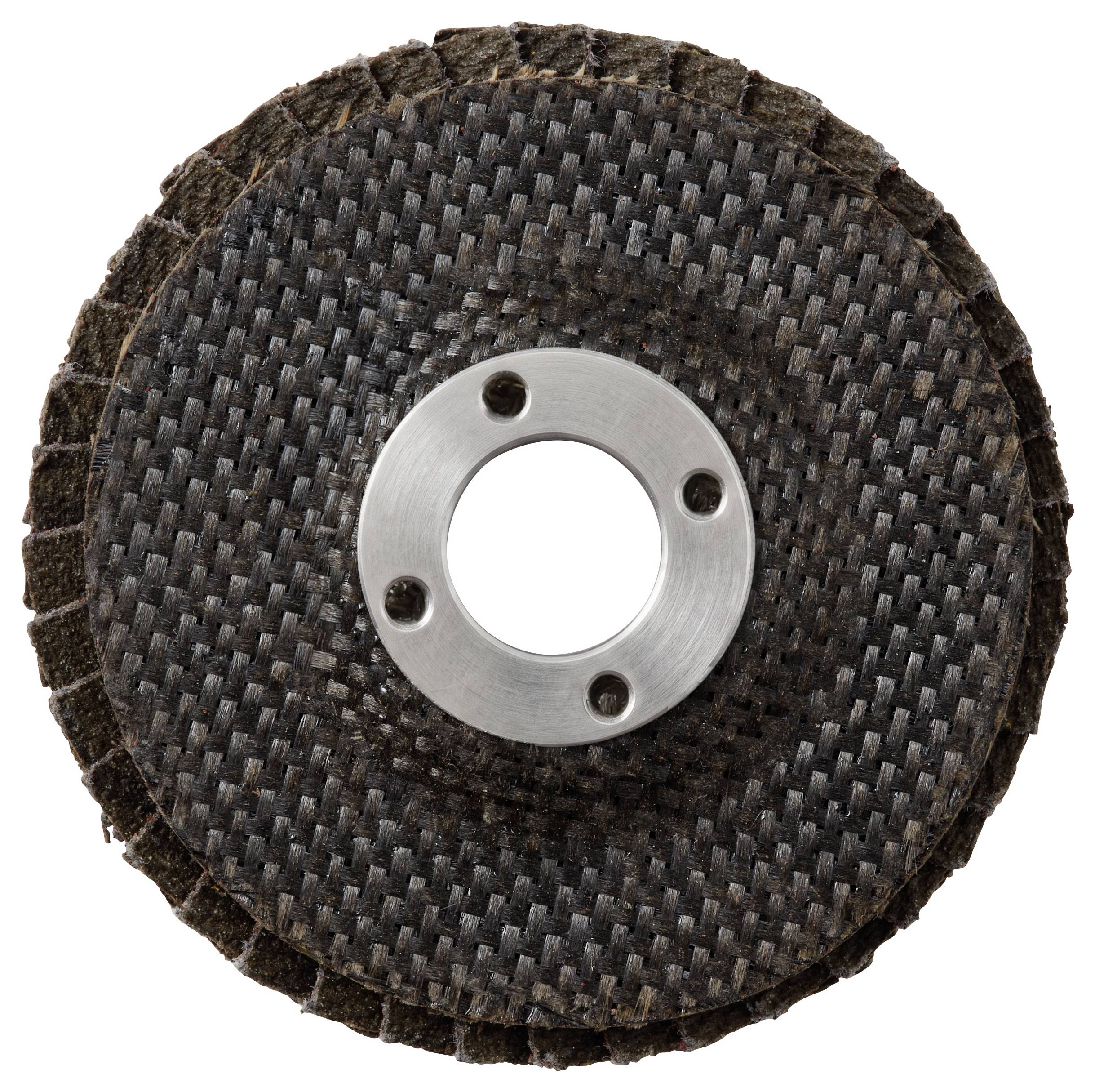 En cirkulär slipskiva med texterad svart yta och metallcentreringsring på vit bakgrund.