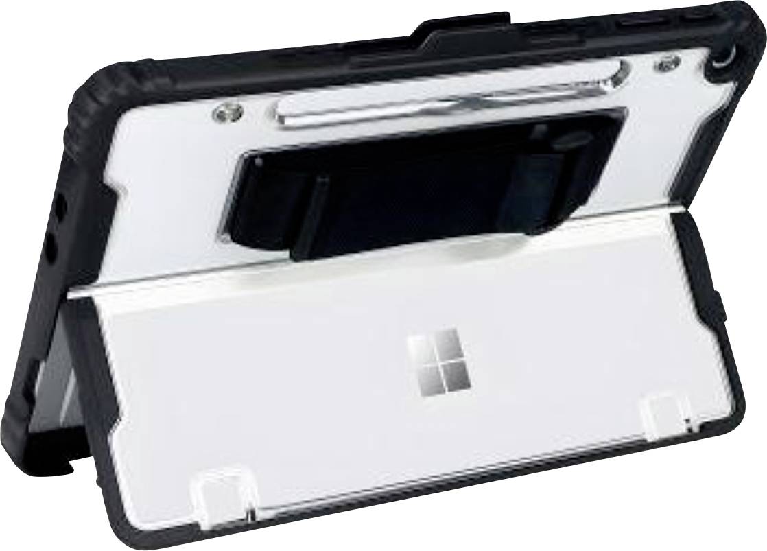 En vit Microsoft-surfplatta i ett svart skyddsfodral, visad från baksidan med ett ställ och en bakkamera synlig.