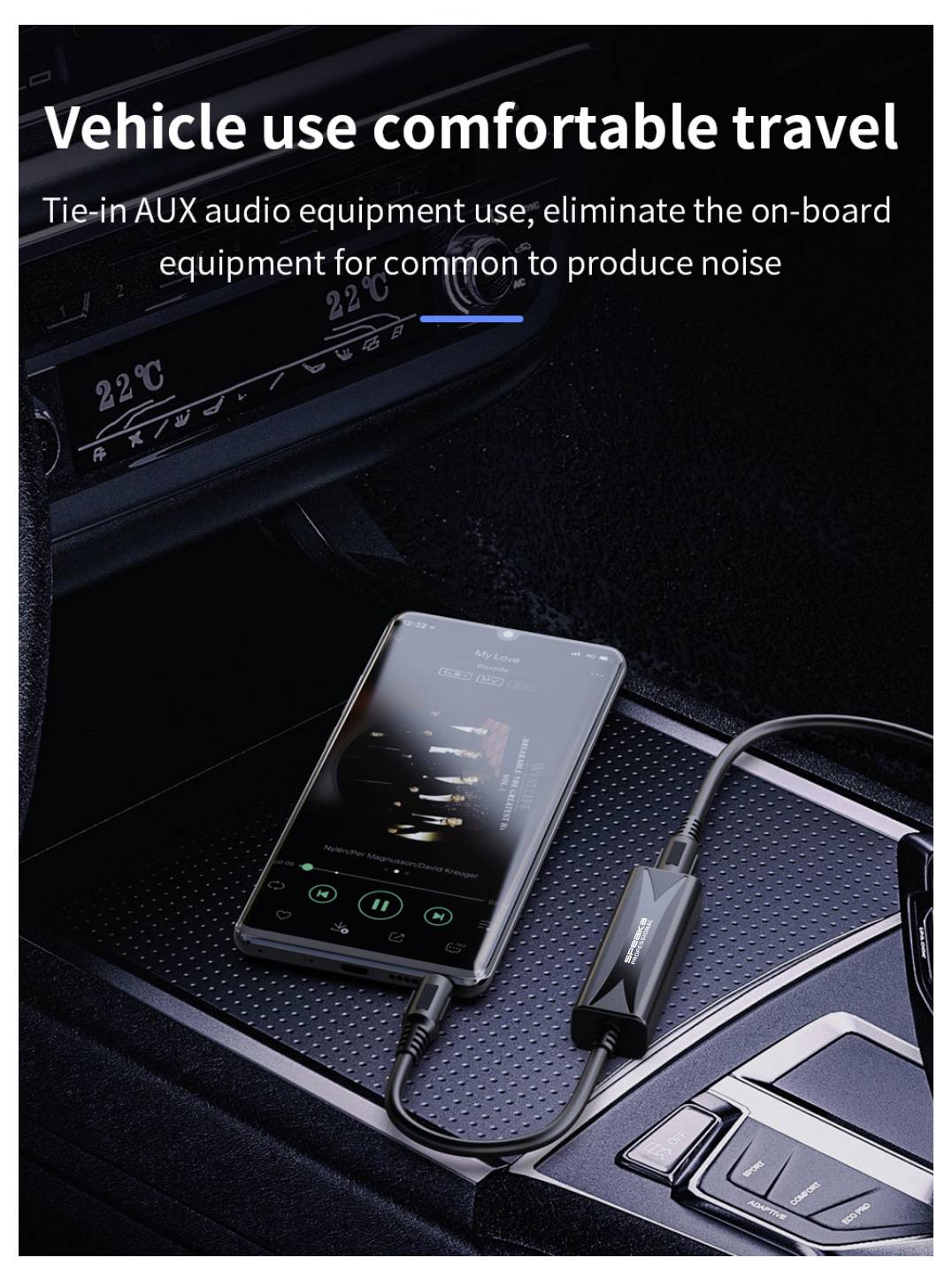 Bilkontrollpanel med smartphone ansluten via AUX-kabel till bilens audioadapter; texten lyder "Bekväm bilkörning" och nämner eliminering av bruset från inbyggd utrustning.