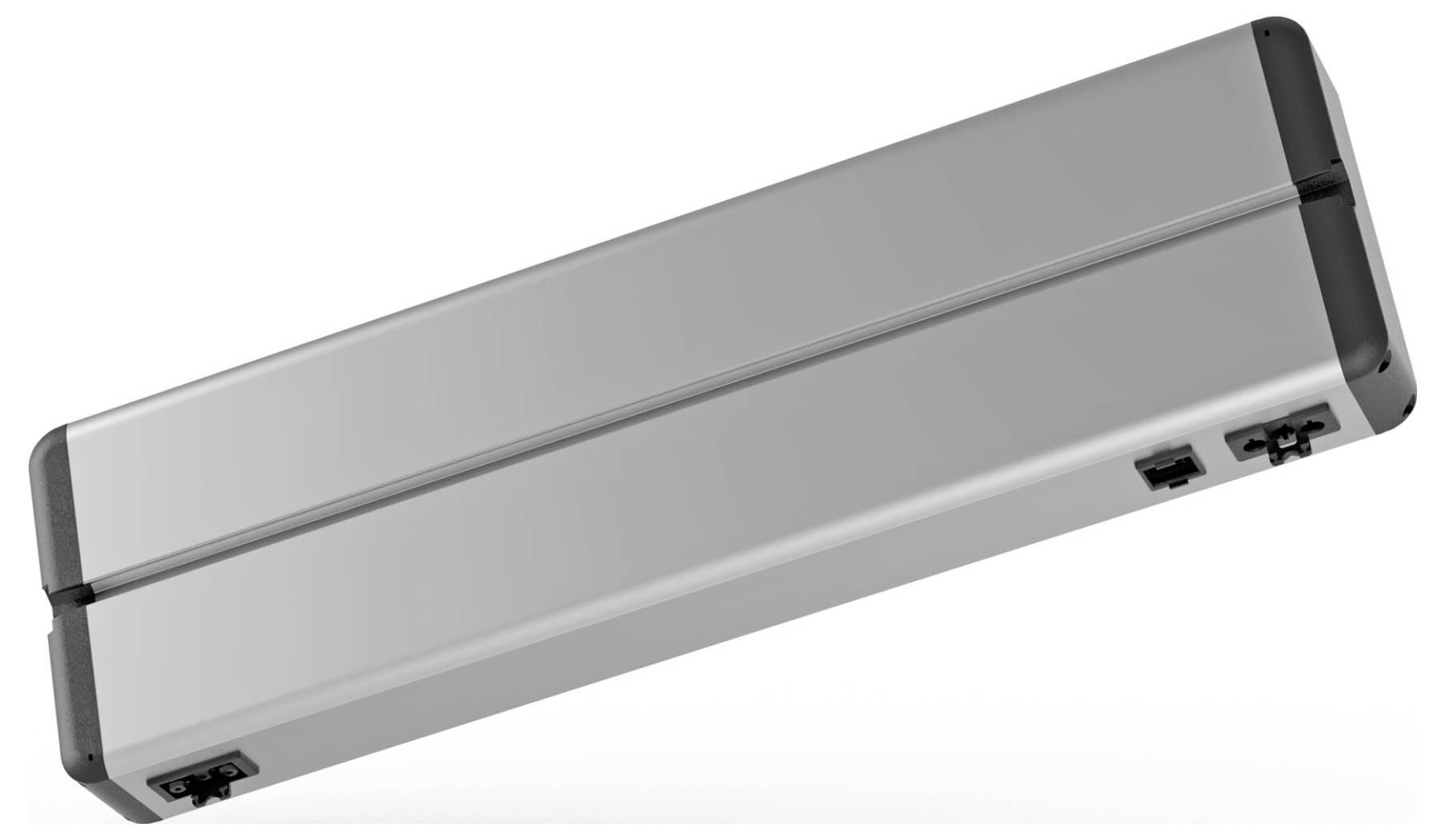 Ett elegant, rektangulärt aluminiumfodral med svarta kanter och låsar, troligen avsett för lagring eller transport av utrustning.