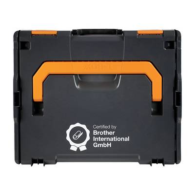 Black Brother International GmbH verktygslåda med orange handtag och låsdetaljer, visad framifrån mot vit bakgrund.