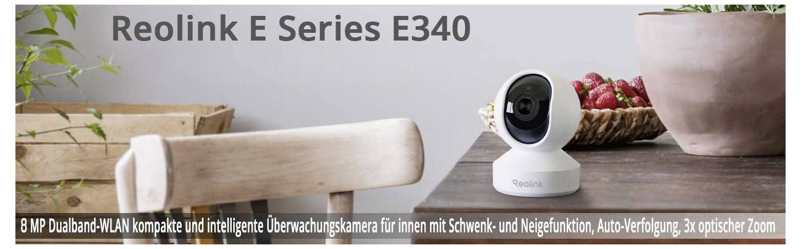Reolink E Series E340: Kompakt WiFi-övervakningskamera med panorering och lutning, 8 MP, 3x optisk zoomning, placerad på bord.