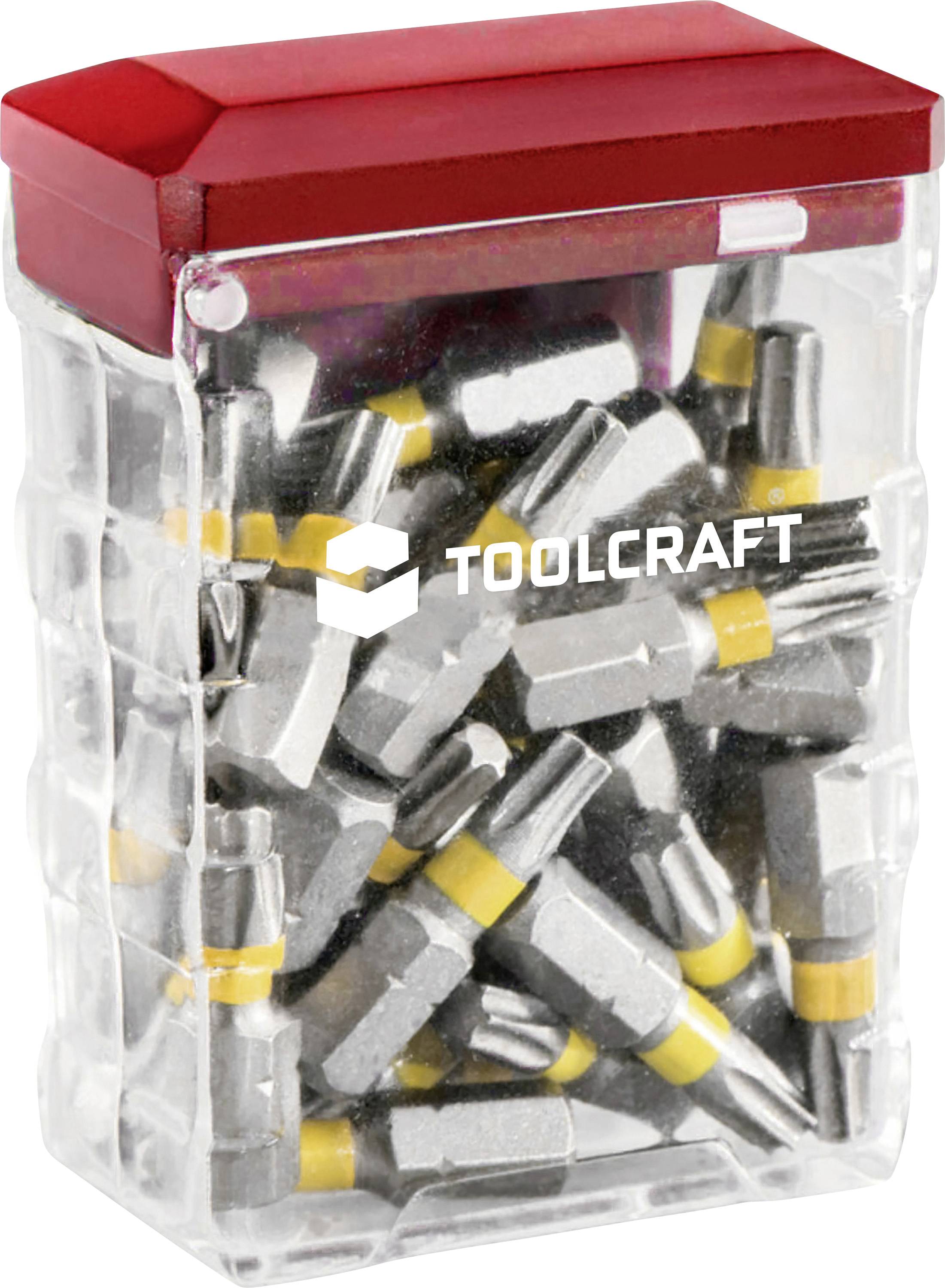 Genomskinlig plastlåda med röd lock innehållande Toolcraft skruvmejselbits, märkt "TOOLCRAFT".