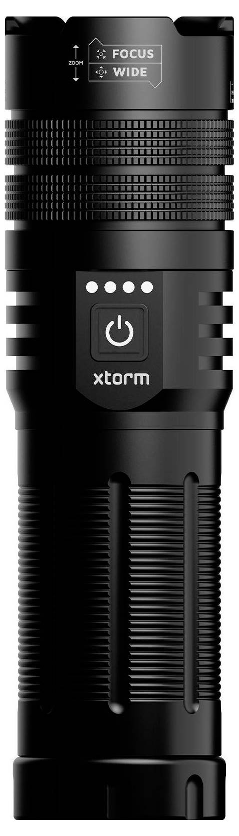 En svart ficklampa med grepp textur, försedd med en knapp märkt "xtorm" och en fokusreglageikon.
