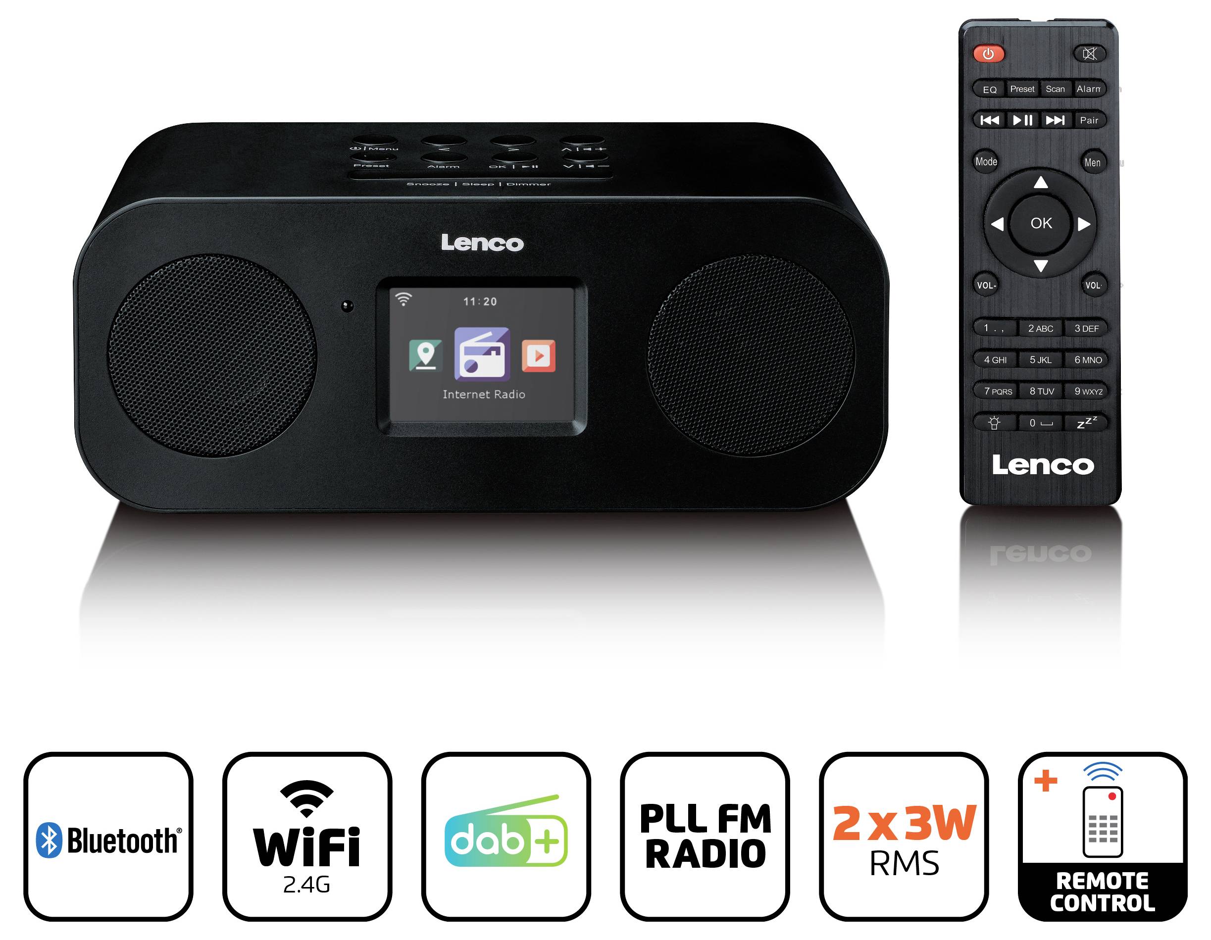 Lenco internetradio med Bluetooth, WiFi och DAB+ funktioner. Inkluderar fjärrcontroll. Visar "11:29 internetradio" på skärmen.