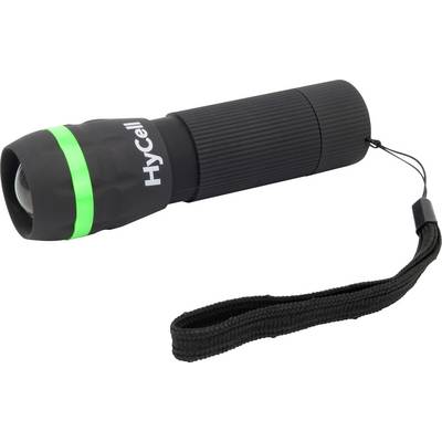 Svart HyCell-ficklampa med grön ring och handledsrem på vit bakgrund.