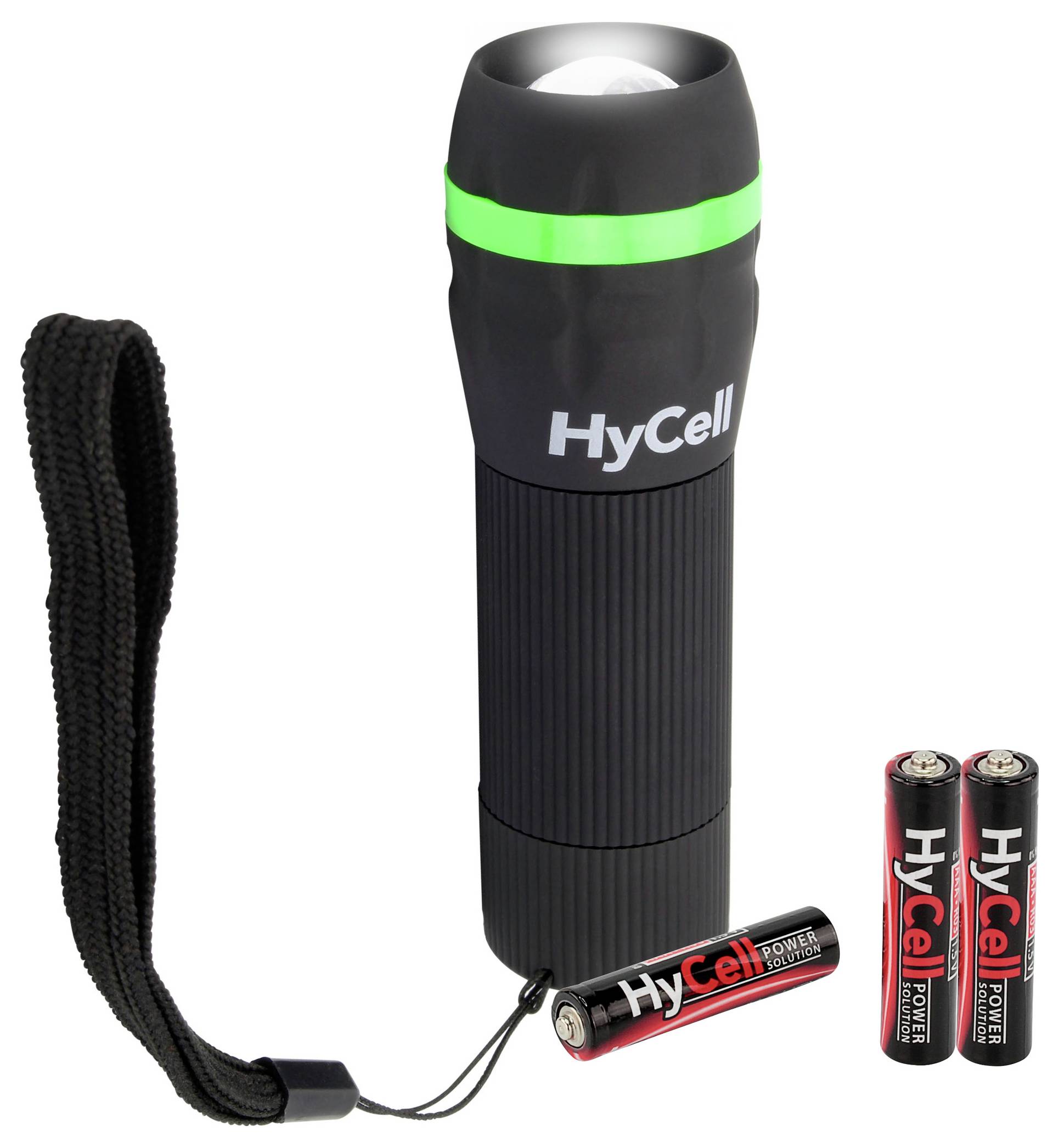 HyCell svart ficklampa med grön ring och handledsrem, visad med tre AA-batterier på vit bakgrund.