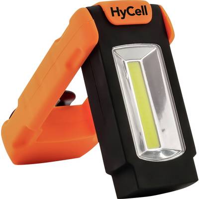 Orange och svart HyCell-hållen LED-arbetslykta med vridbar handtag och främre ljuspanel på vit bakgrund