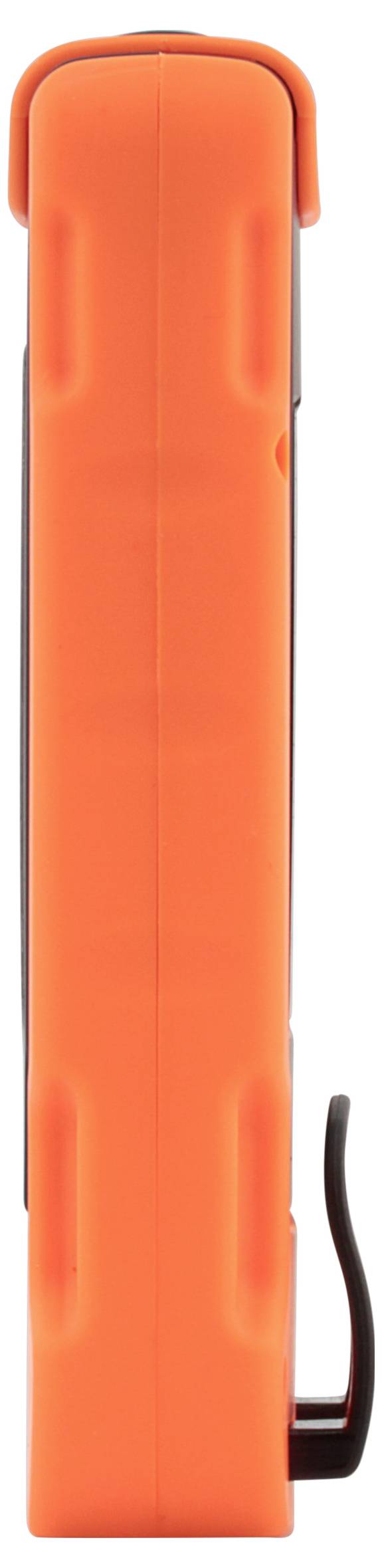 Orange rektangulär handhållen enhet med en svart sidokläm eller kabel på en vit bakgrund.