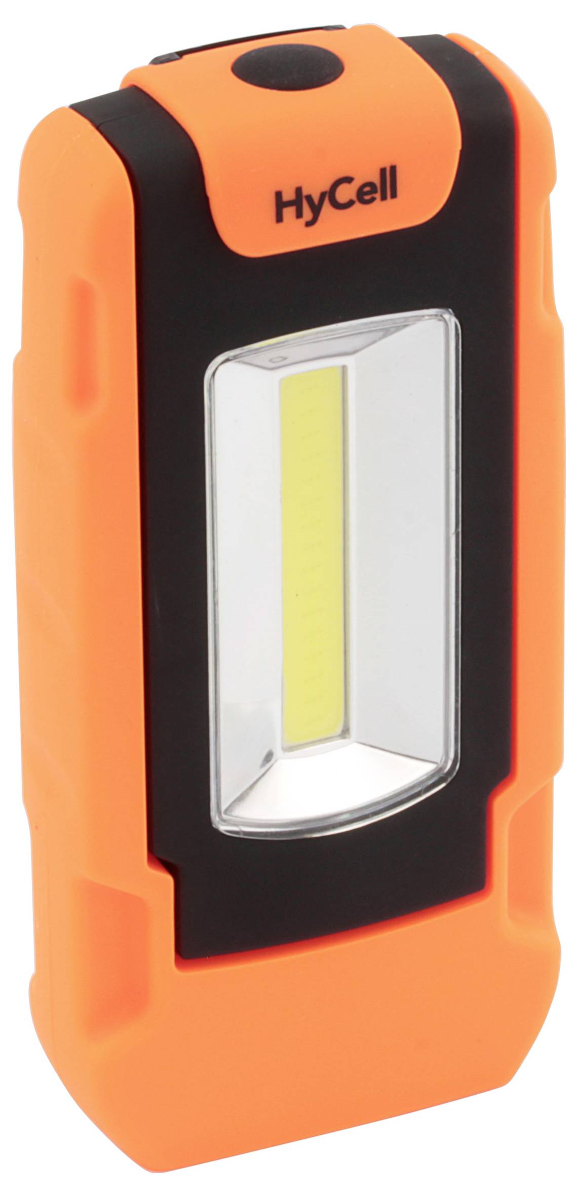 Orange HyCell bärbar LED-arbetslamp med svarta detaljer och en centralt belyst panel, visad mot vit bakgrund.