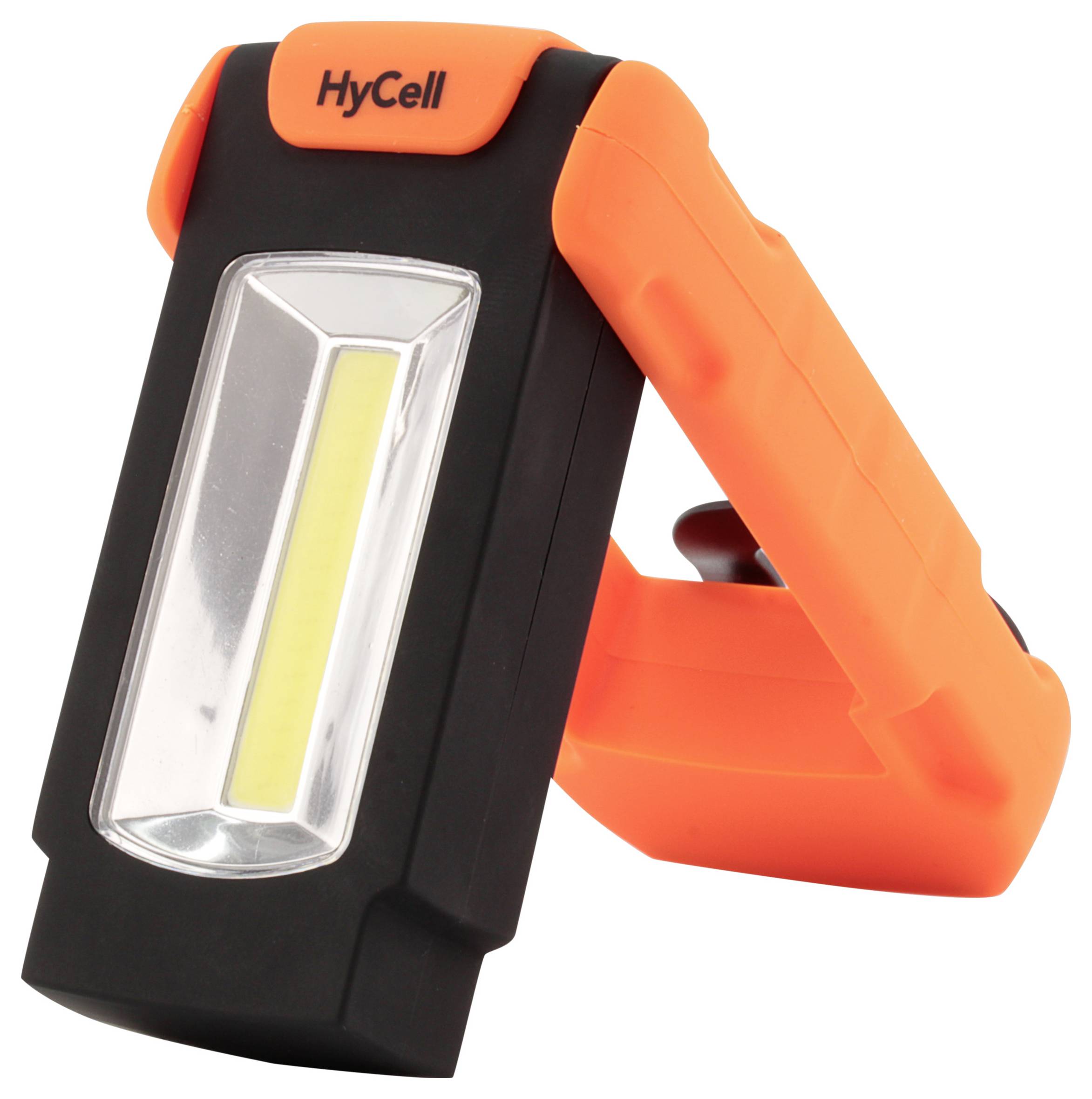 Orange och svart HyCell LED-arbetslykta med vikbar handtag och främre ljuspanel på vit bakgrund.