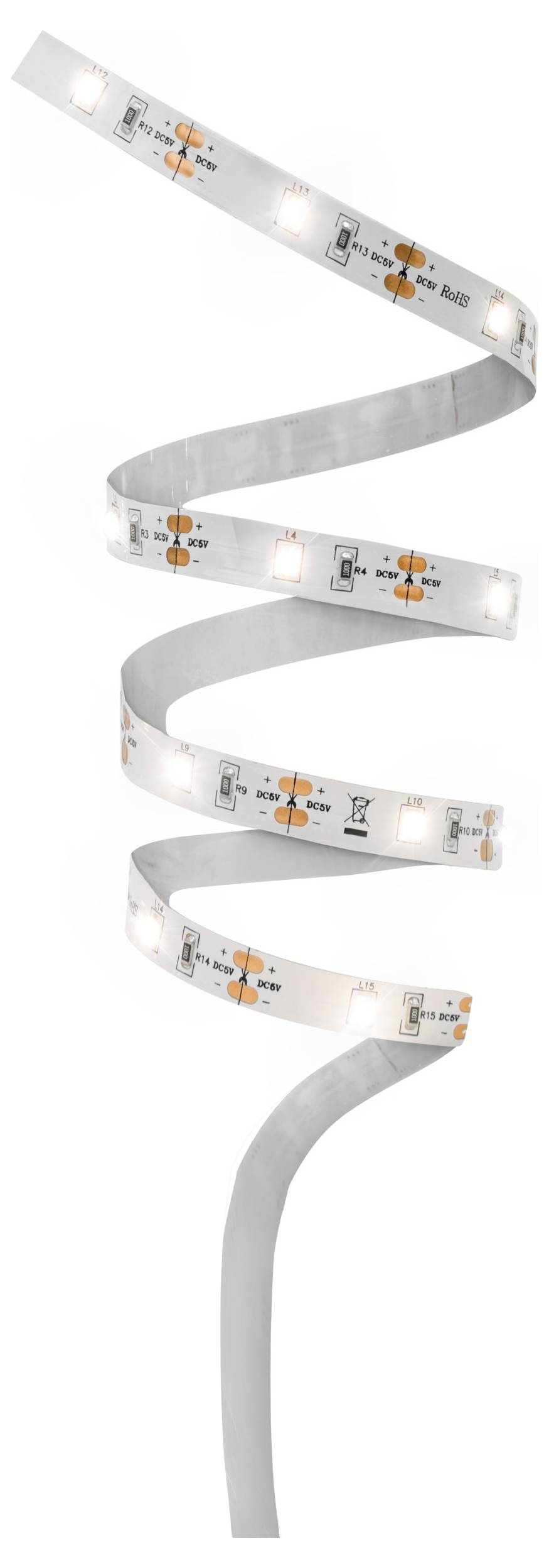 En flexibel vit LED-remsa ljus rullar i en spiral, med flera upplysta sektioner och tryckt kontrollmarkeringar längs remsan.