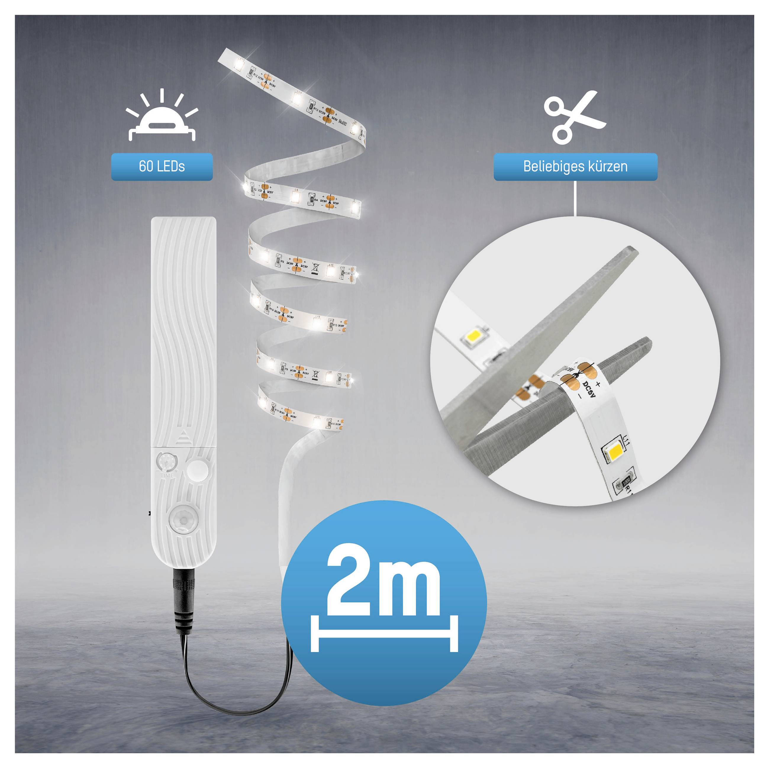 2m LED-remsa-kit med 60 lysdioder och styrenhet; kan klippas till valfri längd, visas med sax och närbild av skärpunkten.