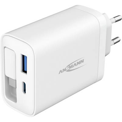 Vit USB-väggladare med europeisk kontakt och två portar, en USB-A och en USB-C, märkt ANSMANN.