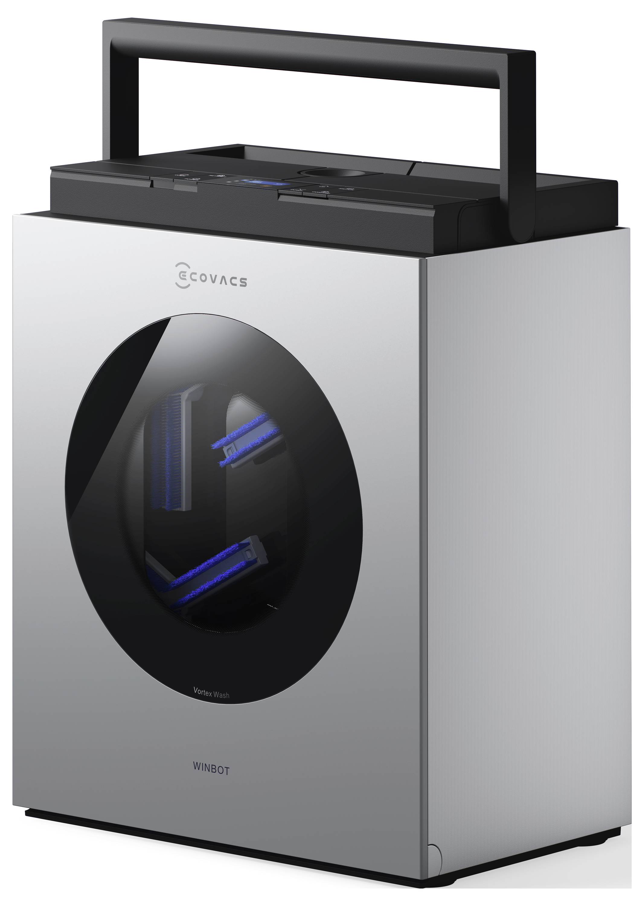 En elegant, modern rektangulär robotiserad fönsterputsare med svart och silverdesign, med synliga borstar och sensorer inuti.