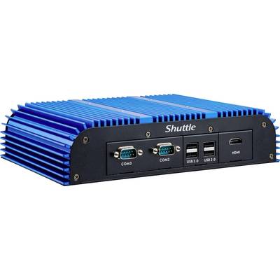 Blå Shuttle mini-dator med främre I/O-panel som visar COM1, COM2, två USB 2.0-portar och HDMI