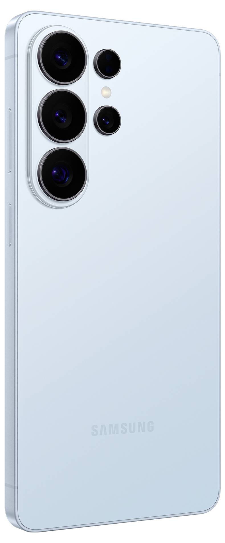 En ljusblå smartphone med en kvadruplakamera på baksidan, med Samsung-märkning.