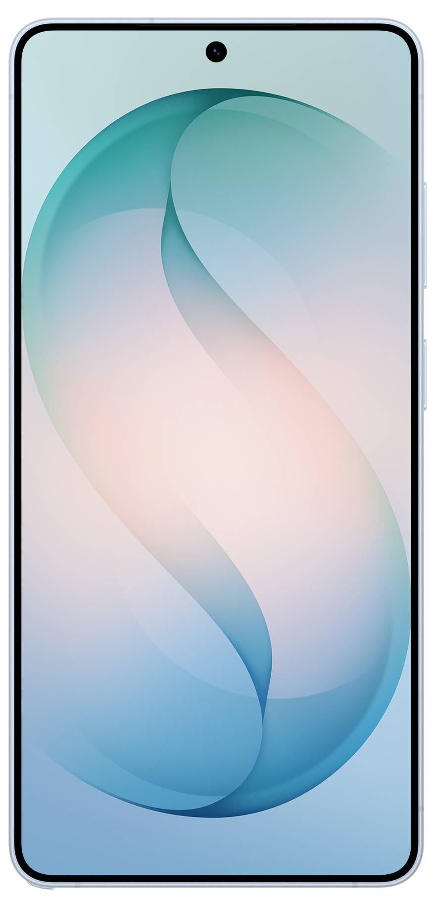 En smartphone med fullskärmsdesign, utrustad med en frontkamera placerad centralt på displayens övre kant och en mjuk gradientbakgrund.