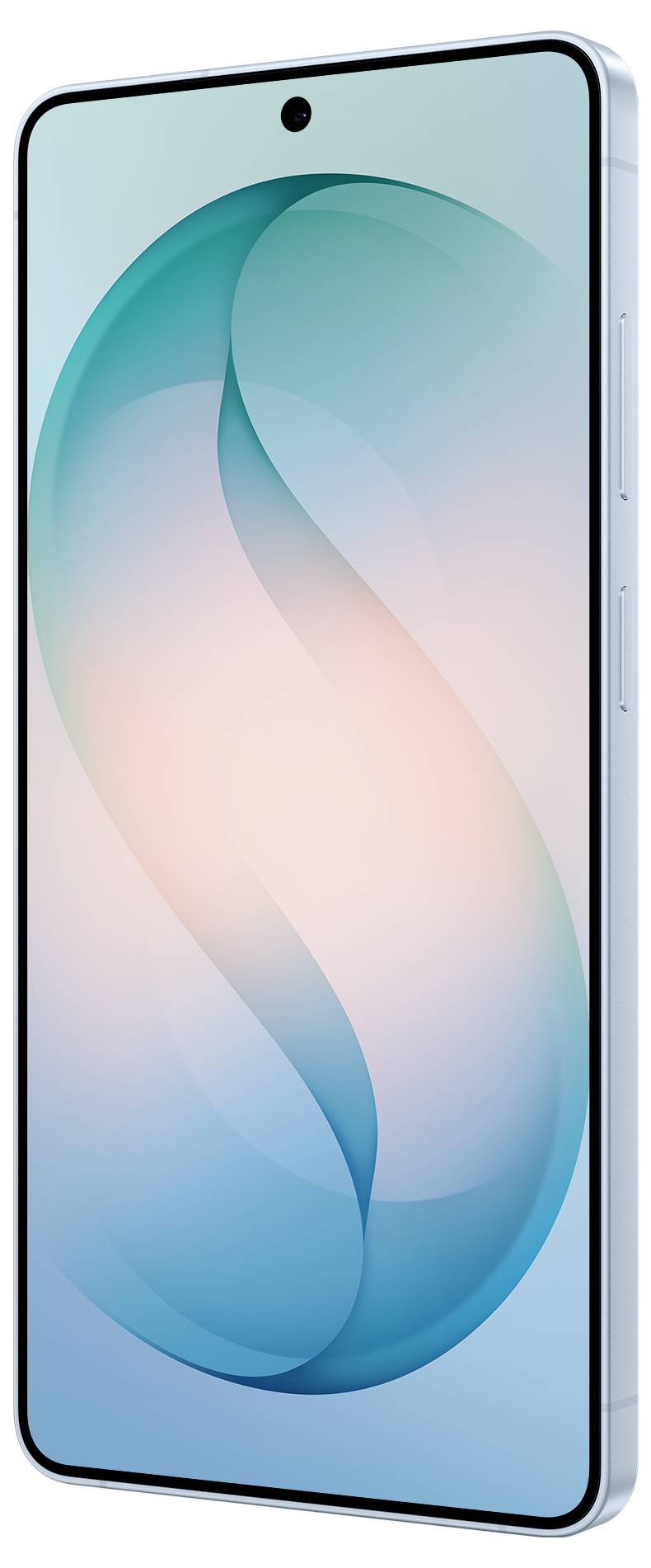 En modern smartphone med en stor, kant-till-kant-skärm som visar en gradient-design i blått och persika, och en liten främre kamera i övre centrum.