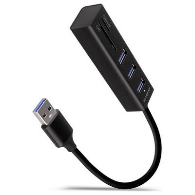 Kompakt svart USB-C-hubb med en USB-C-port, tre USB-A-portar och en kort ansluten kabel med USB-A-kontakt.