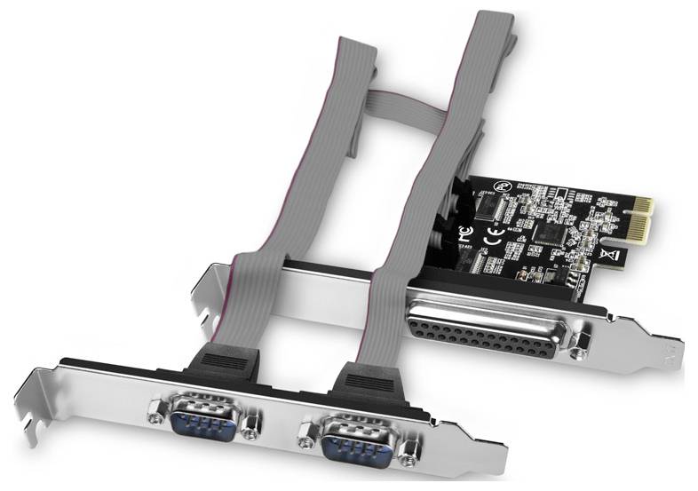 PCI-expansionskort med två DB9-serieportar och en DB25-parallelport, anslutna via grå interna båtkablar till ett andra kretskort.