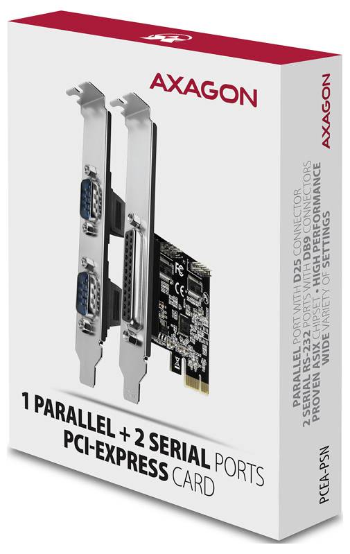 Produktbox för ett AXAGON PCI-Express-kort med 1 parallell och 2 seriella portar, visas med kortet och anslutningsportarna på förpackningen.