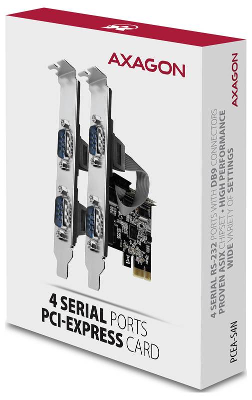 AXAGON-produktförpackning för ett 4-serieportar PCI-Express-kort, visar kortet och texten "4 SERIEPORTAR PCI-EXPRESS-KORT"
