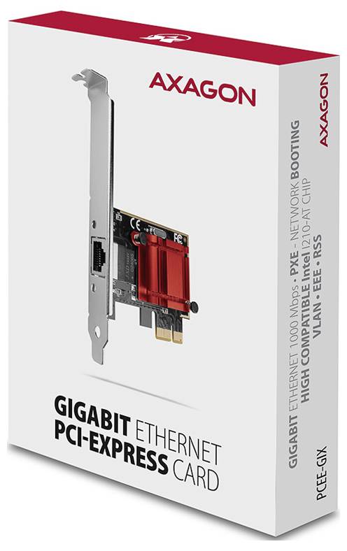 Produktlåda för AXAGON Gigabit Ethernet PCI-Express-kort, visar adaptorn och texten "GIGABIT ETHERNET PCI-EXPRESS CARD" och "AXAGON".