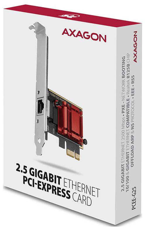 AXAGON 2.5 GIGABIT ETHERNET PCI-EXPRESS KORT produktförpackning som visar ett PCIe-nätverkskort med RJ45-port.